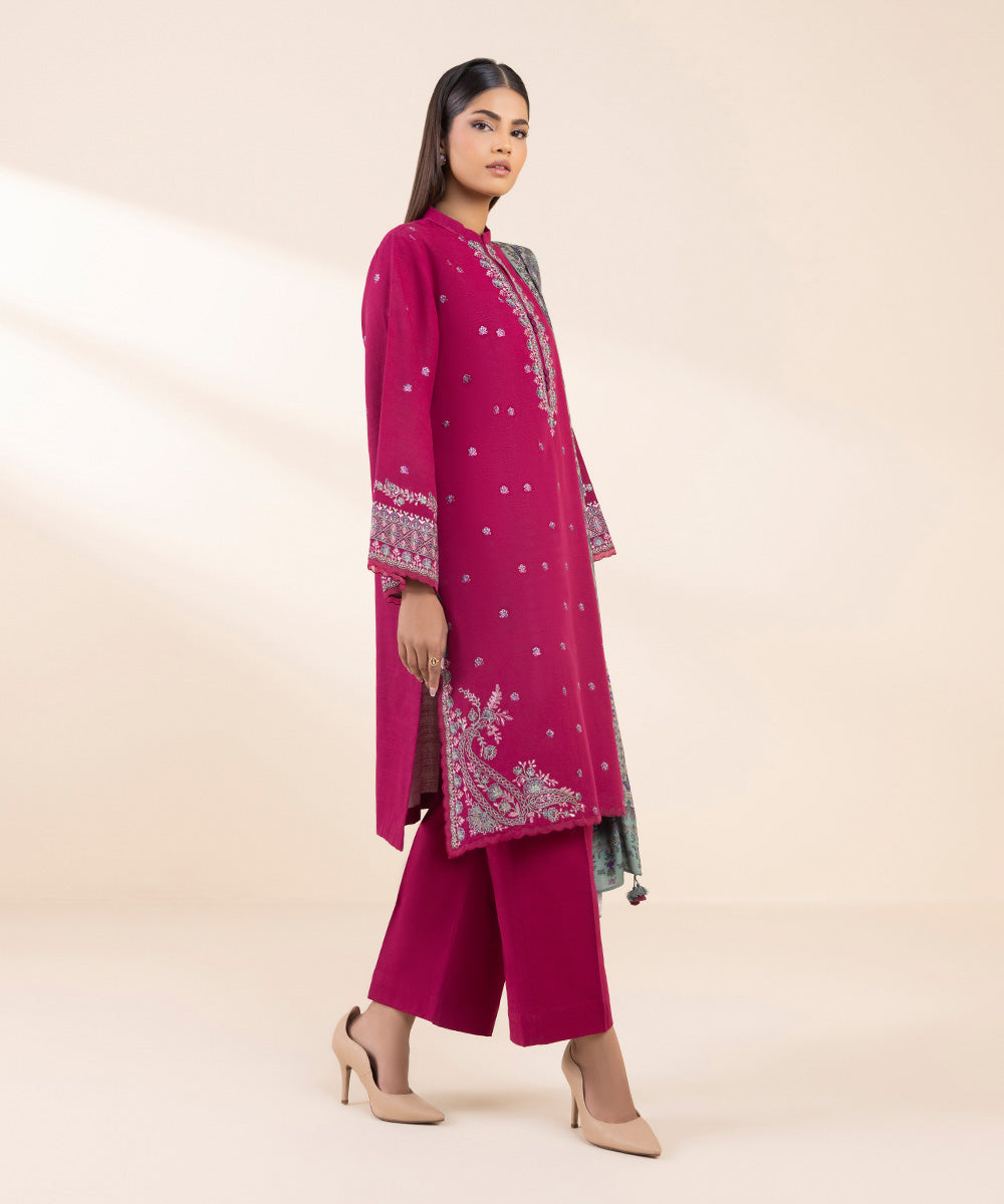 Women's Unstitched Khaddar Embroidered Pink 3 Piece Suit