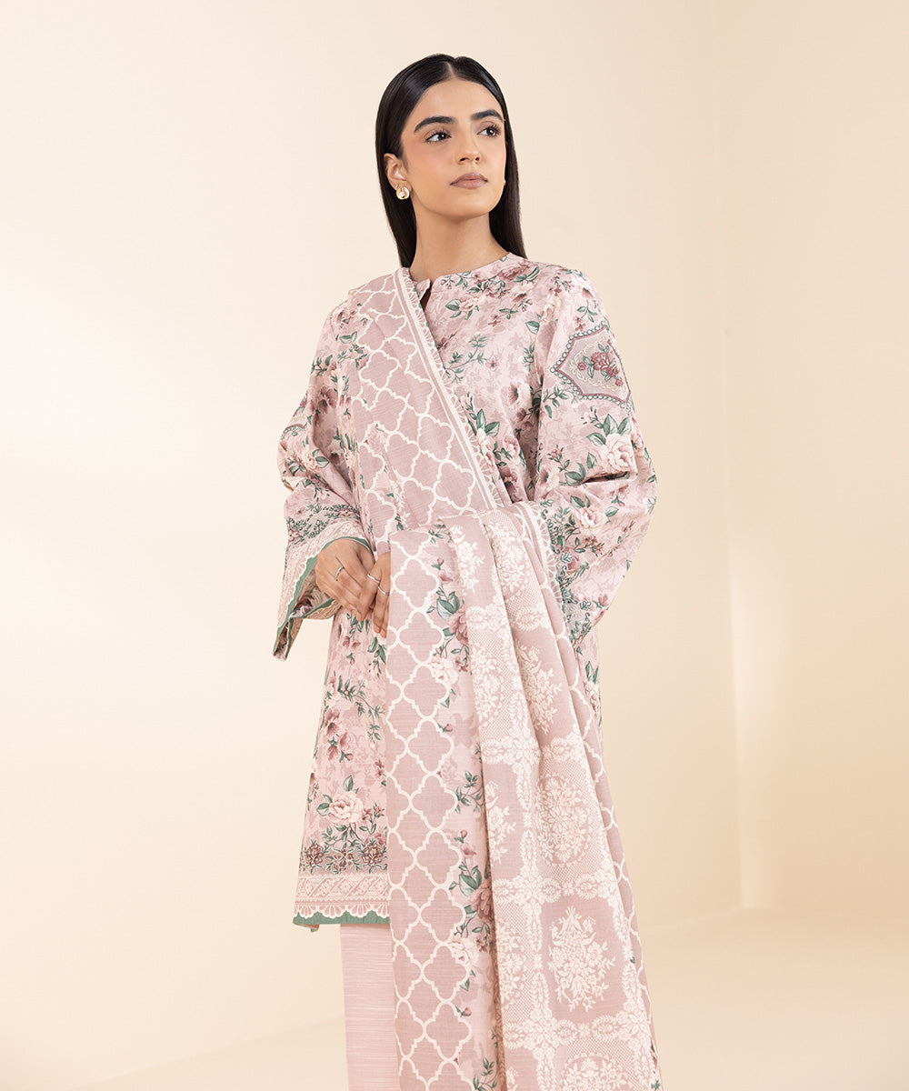 Women's Unstitched Khaddar Embroidered Pink 3 Piece Suit