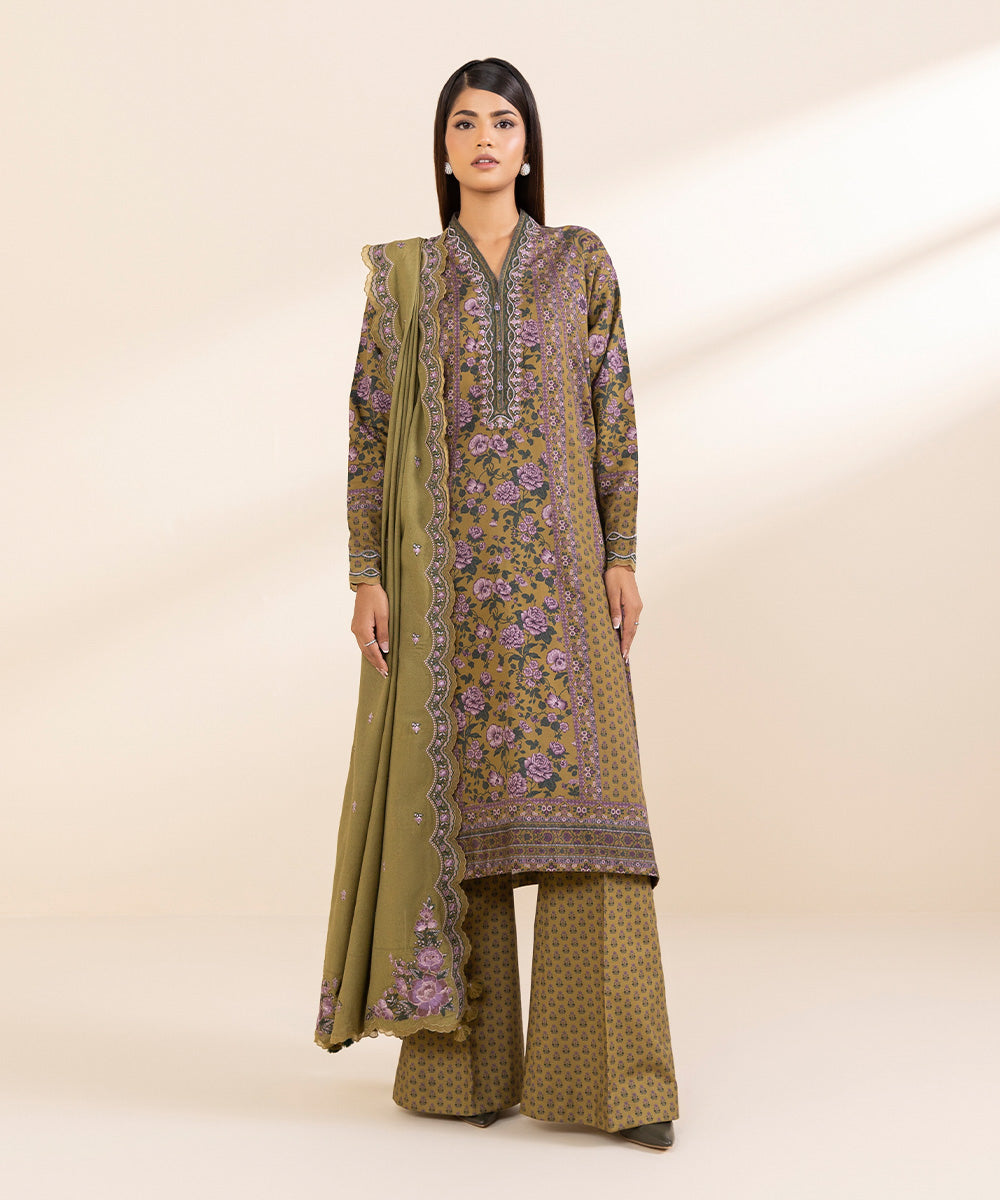 Women's Unstitched Fine Cotton Satin Embroidered Brown 3 Piece Suit