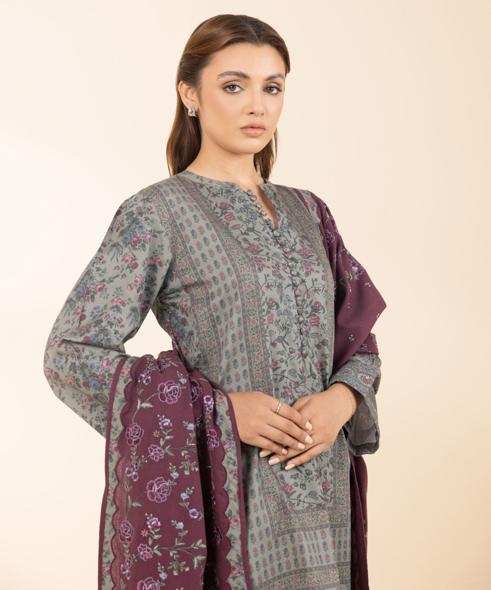 Women's Unstitched Fine Cotton Satin Embroidered Grey 3 Piece Suit