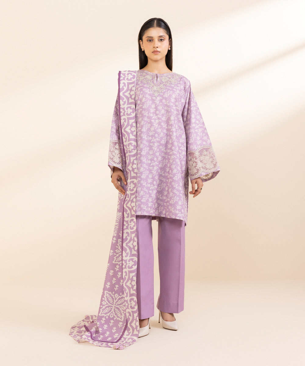 Women's Unstitched Dobby Embroidered Purple 3 Piece Suit