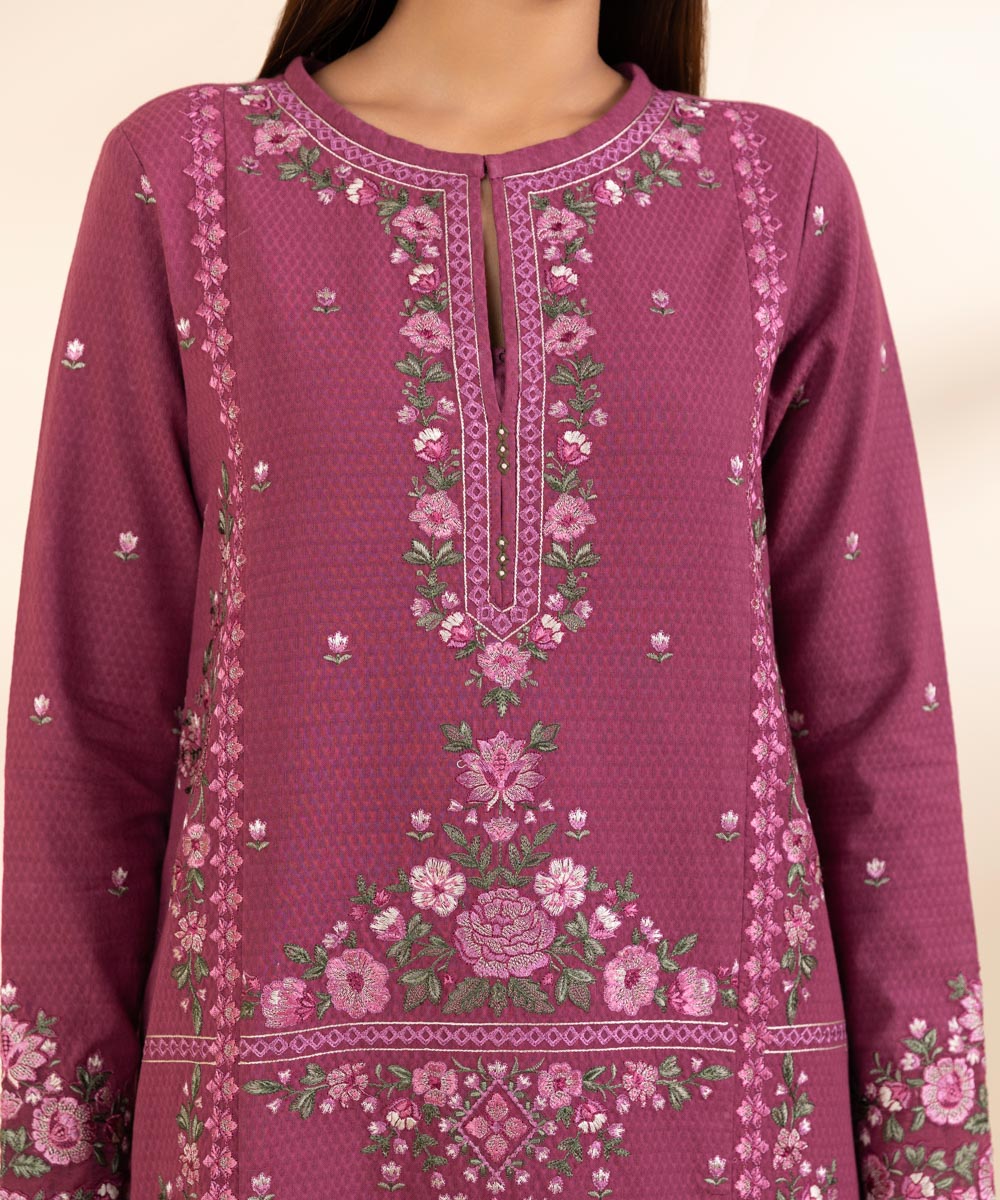 Women's Unstitched Dobby Embroidered Pink 3 Piece Suit