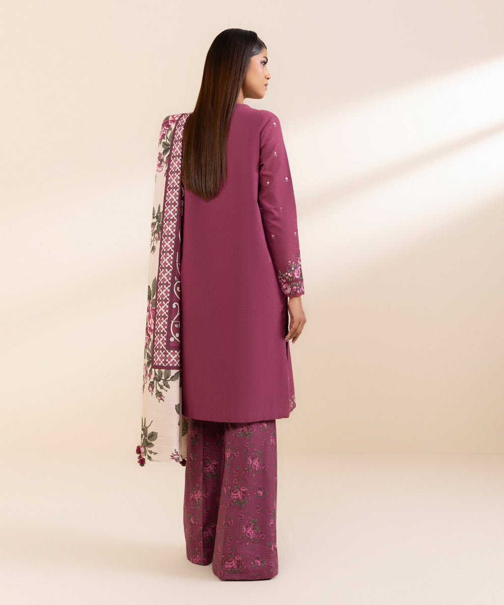 Women's Unstitched Dobby Embroidered Pink 3 Piece Suit