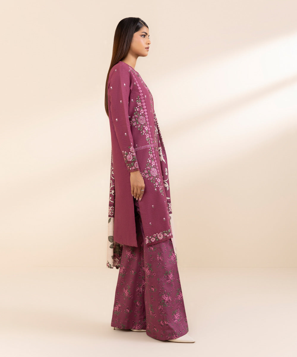 Women's Unstitched Dobby Embroidered Pink 3 Piece Suit