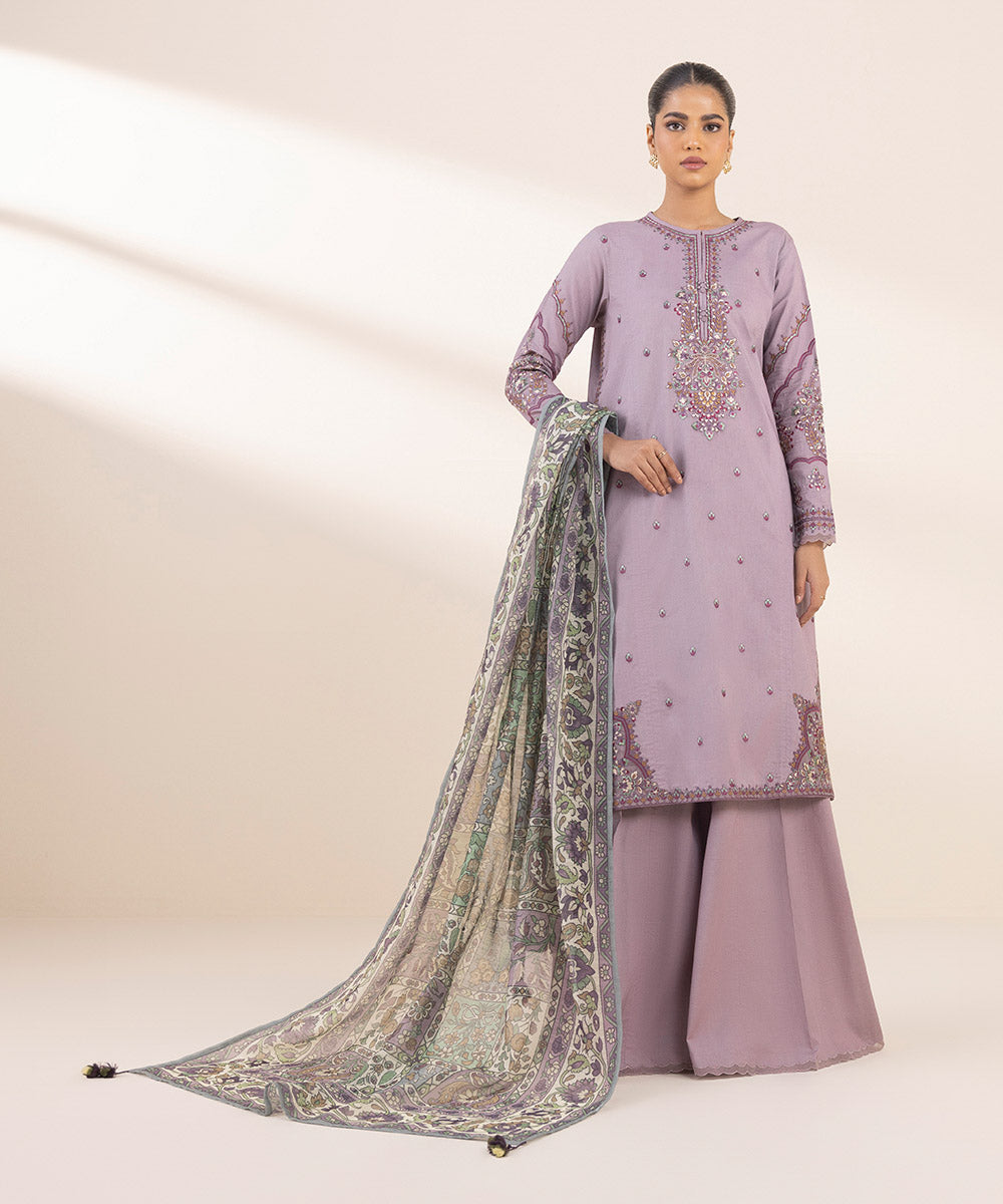 Women's Unstitched Lawn Embroidered Purple 3 Piece Suit