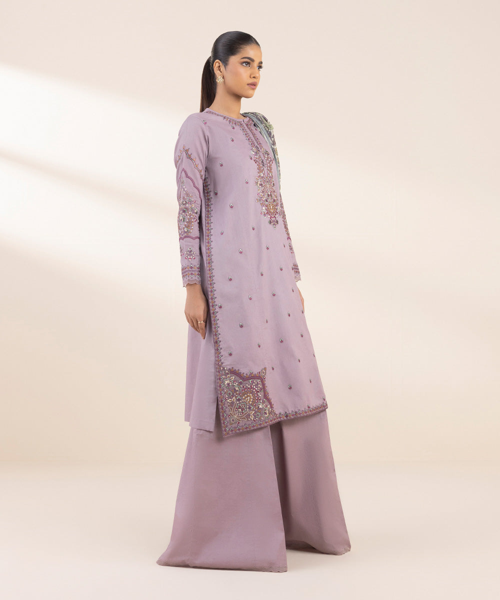 Women's Unstitched Lawn Embroidered Purple 3 Piece Suit