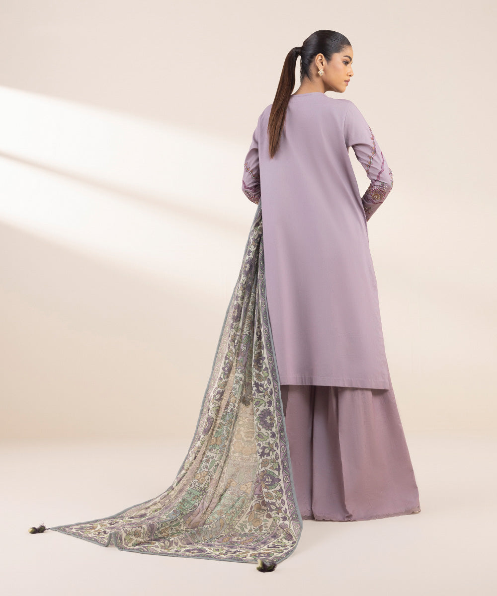 Women's Unstitched Lawn Embroidered Purple 3 Piece Suit