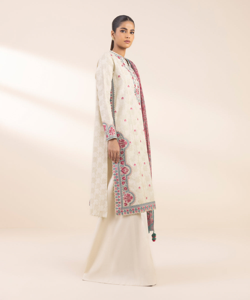 Women's Unstitched Cotton Jacquard Embroidered Off White 3 Piece Suit