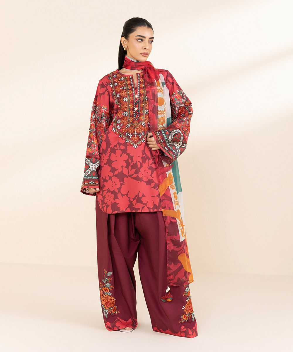 Women's Unstitched Cotton Satin Embroidered Red 3 Piece Suit