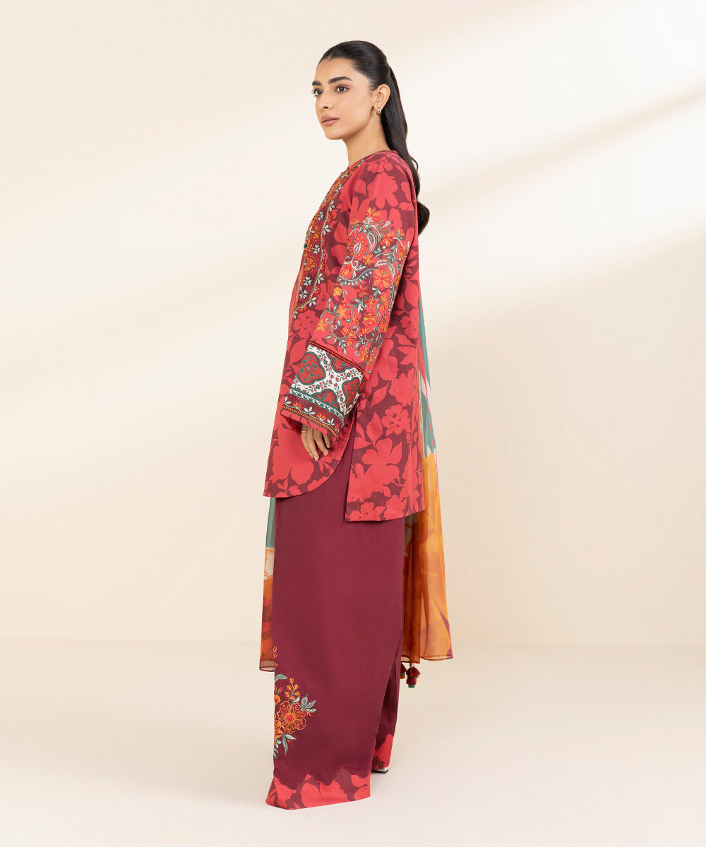 Women's Unstitched Cotton Satin Embroidered Red 3 Piece Suit