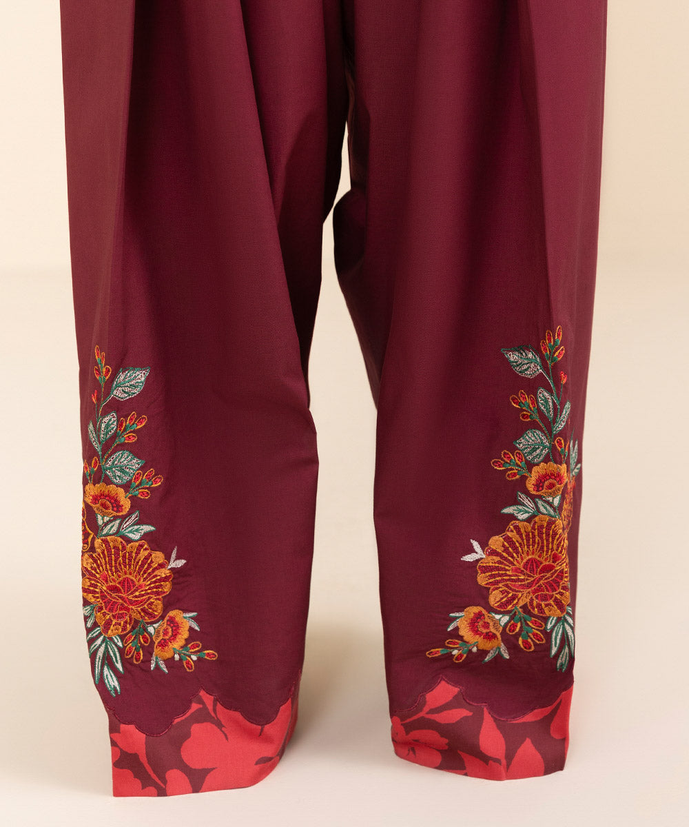 Women's Unstitched Cotton Satin Embroidered Red 3 Piece Suit