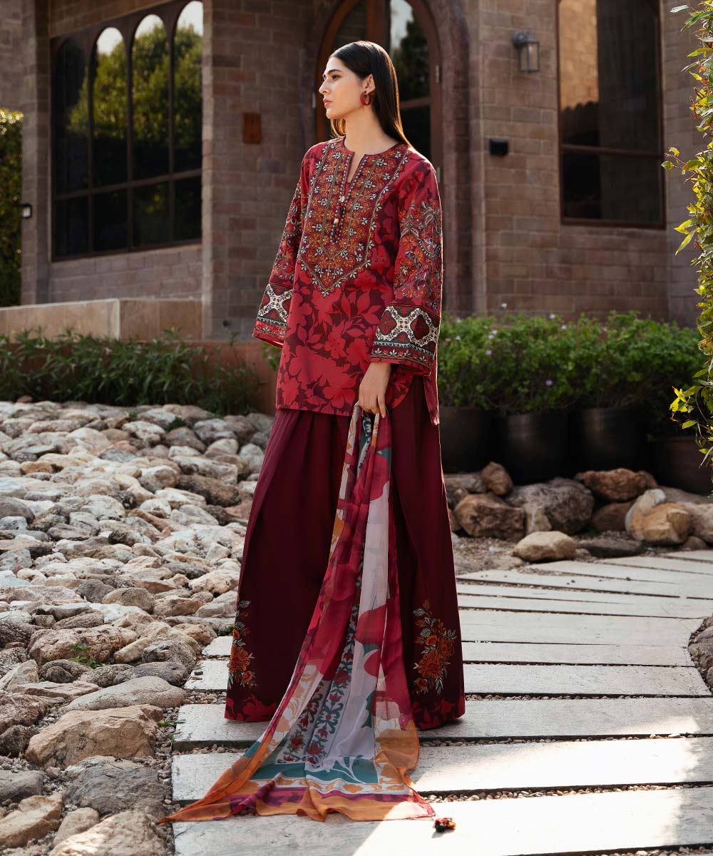 Women's Unstitched Cotton Satin Embroidered Red 3 Piece Suit