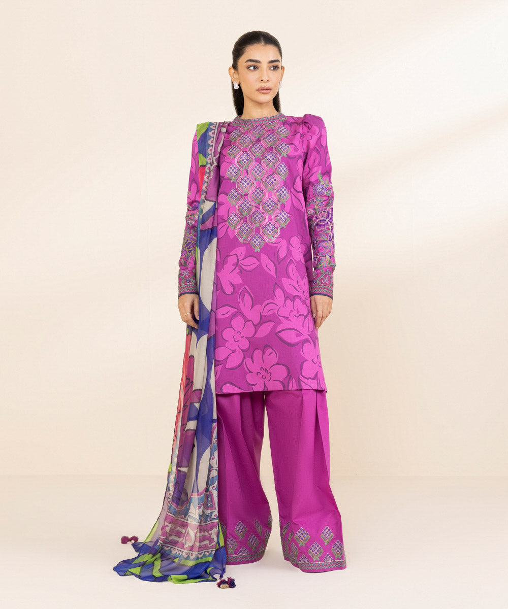 Women's Unstitched Cotton Satin Embroidered Purple 3 Piece Suit