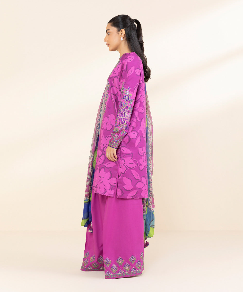 Women's Unstitched Cotton Satin Embroidered Purple 3 Piece Suit