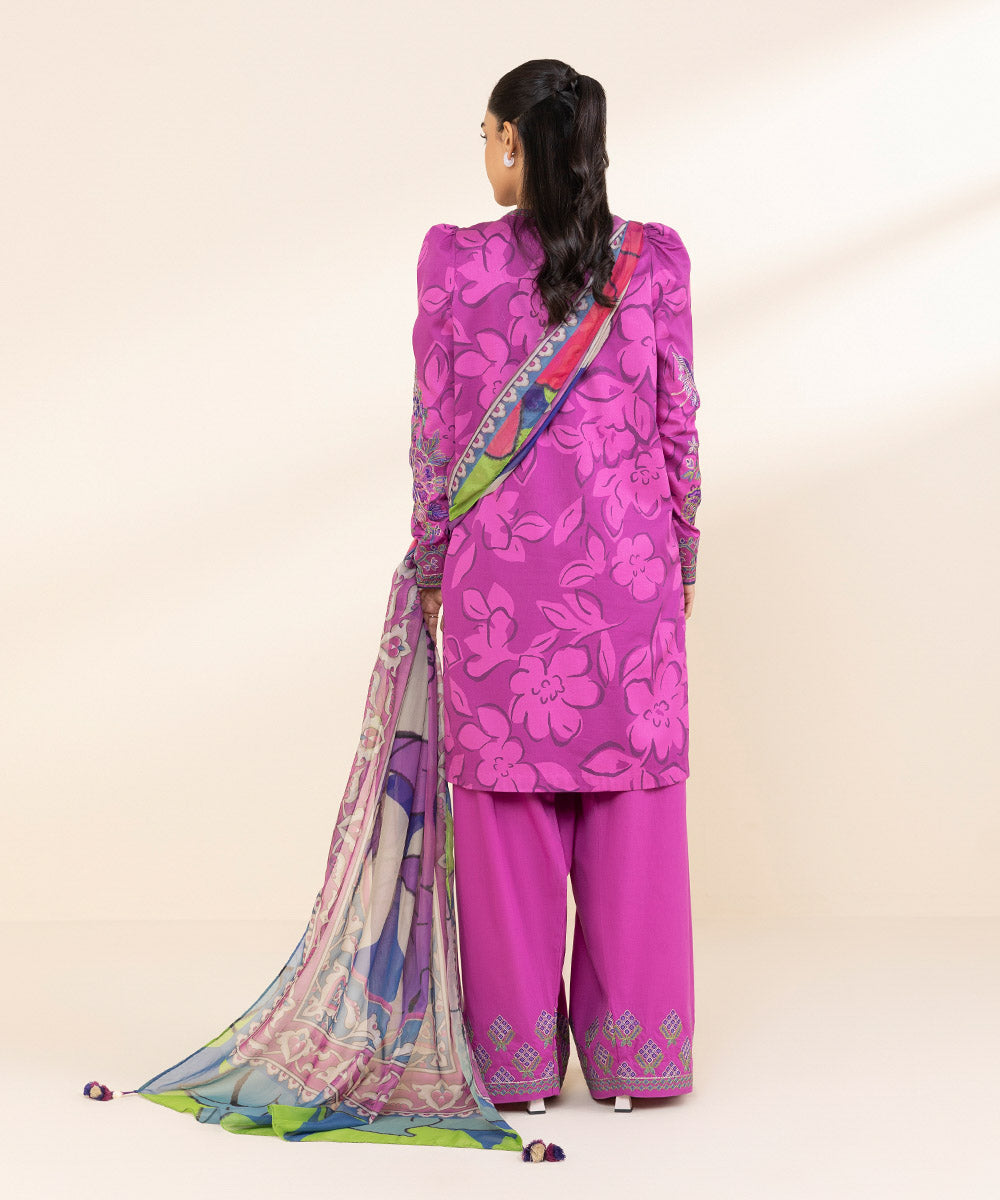 Women's Unstitched Cotton Satin Embroidered Purple 3 Piece Suit