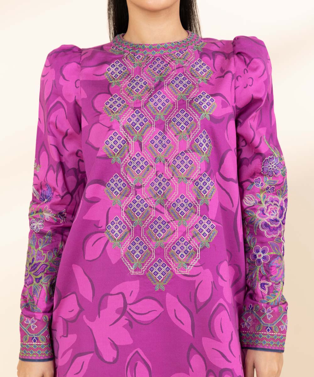 Women's Unstitched Cotton Satin Embroidered Purple 3 Piece Suit