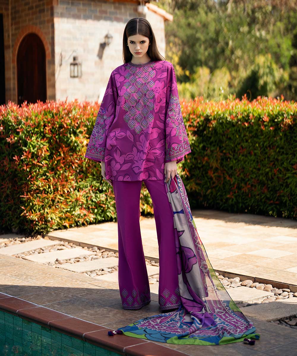 Women's Unstitched Cotton Satin Embroidered Purple 3 Piece Suit