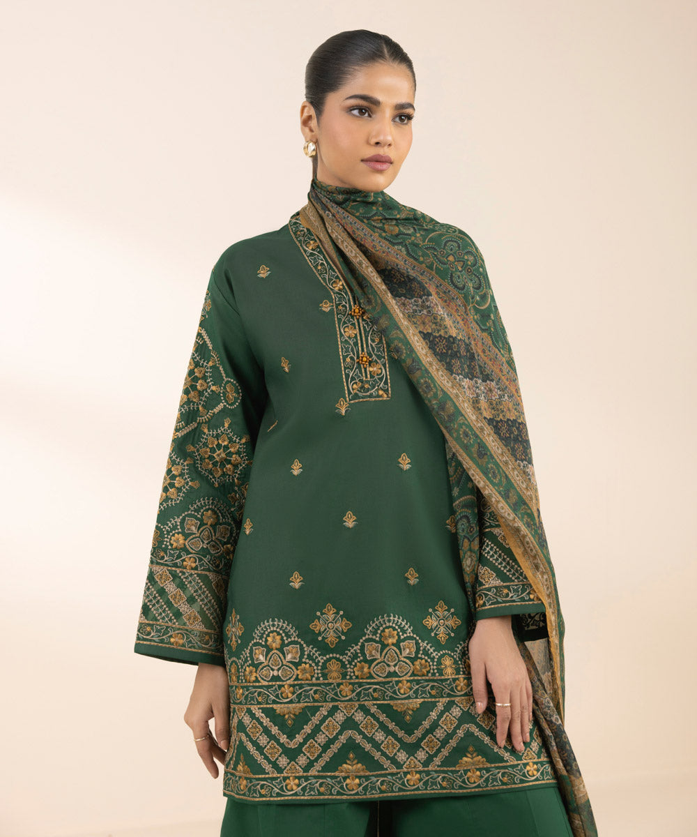 Women's Unstitched Cotton Satin Embroidered Green 3 Piece Suit