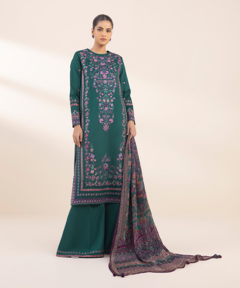 Women's Unstitched Cotton Satin Embroidered Green 3 Piece Suit