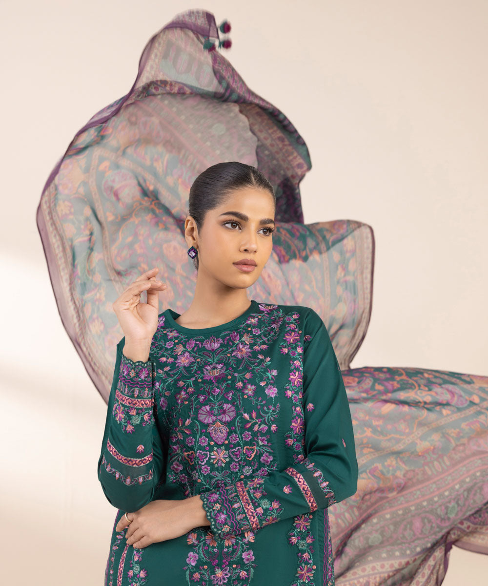 Women's Unstitched Cotton Satin Embroidered Green 3 Piece Suit