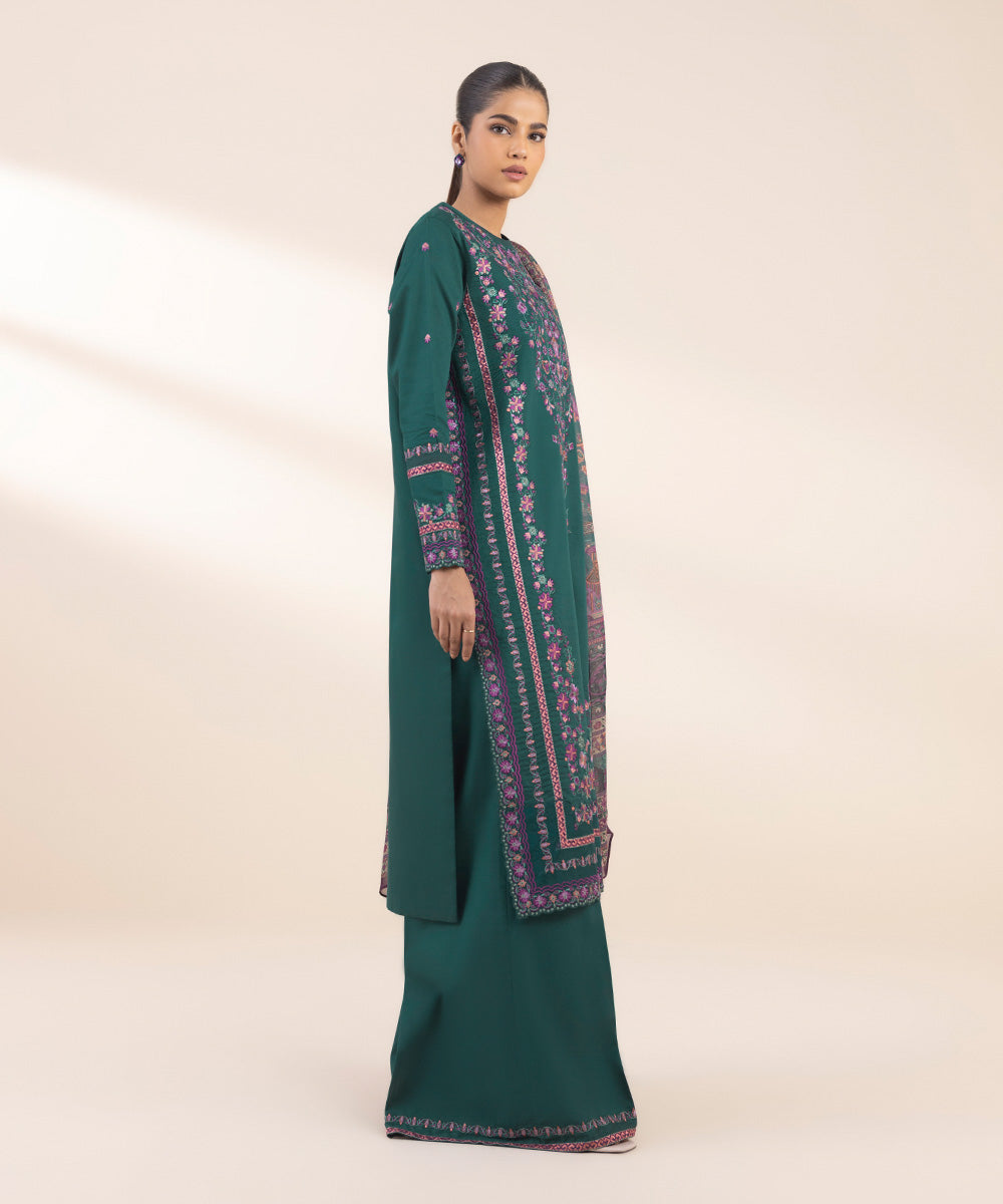 Women's Unstitched Cotton Satin Embroidered Green 3 Piece Suit