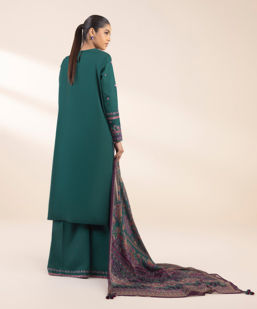 Women's Unstitched Cotton Satin Embroidered Green 3 Piece Suit