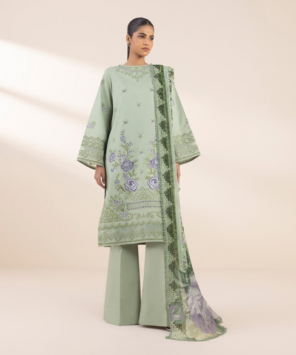 Women's Unstitched Green Cotton 3 Piece Suit 