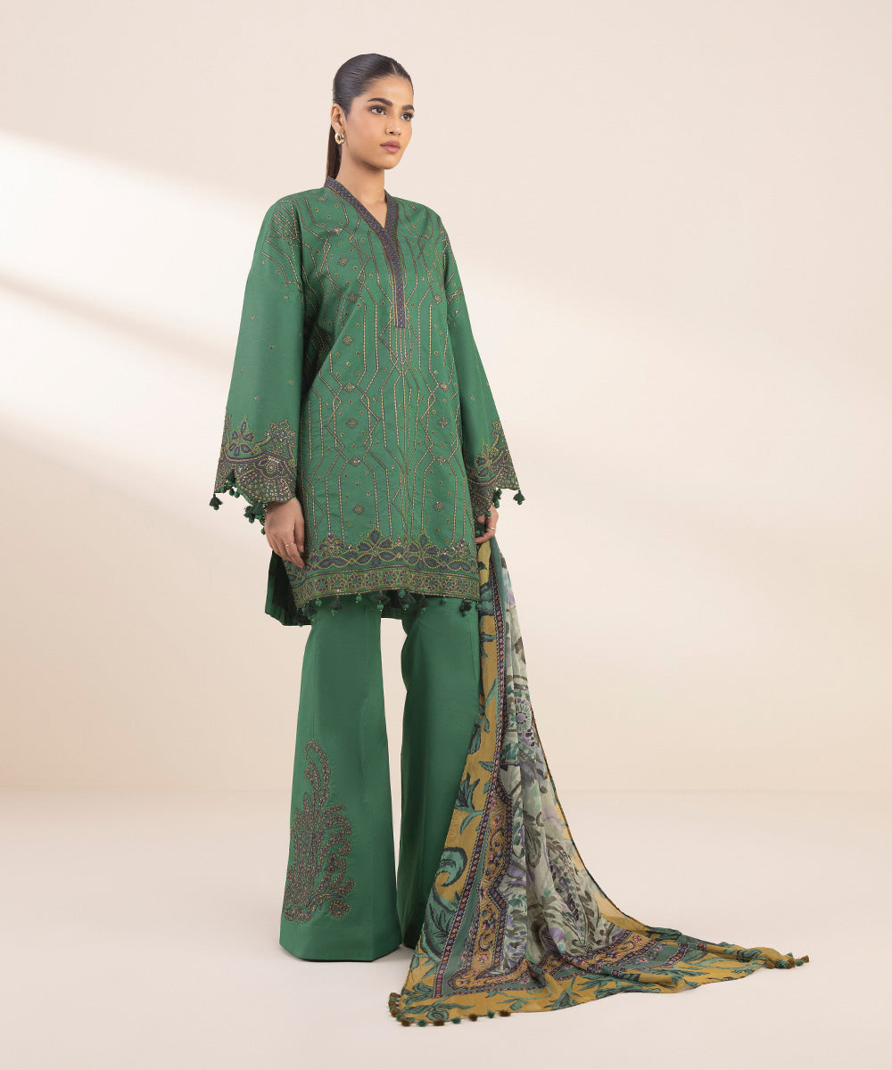 Women's Unstitched Green Cotton 3 Piece Suit 