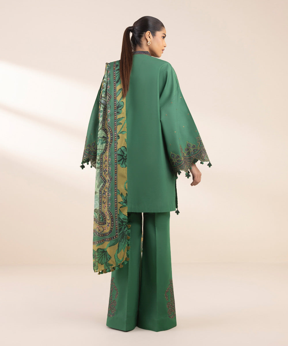 Women's Unstitched Green Cotton 3 Piece Suit 