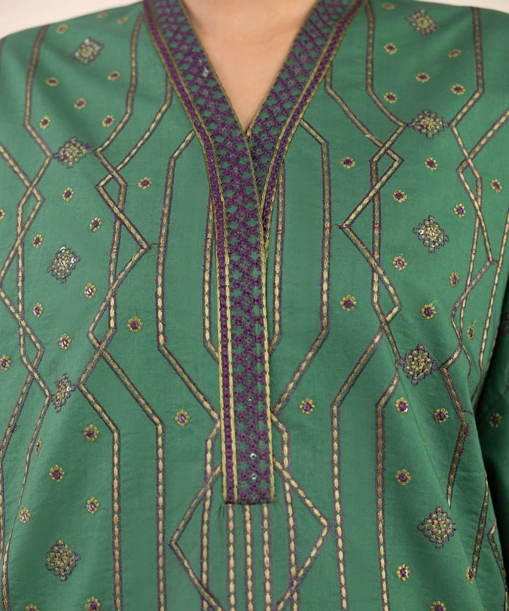 Women's Unstitched Green Cotton 3 Piece Suit 