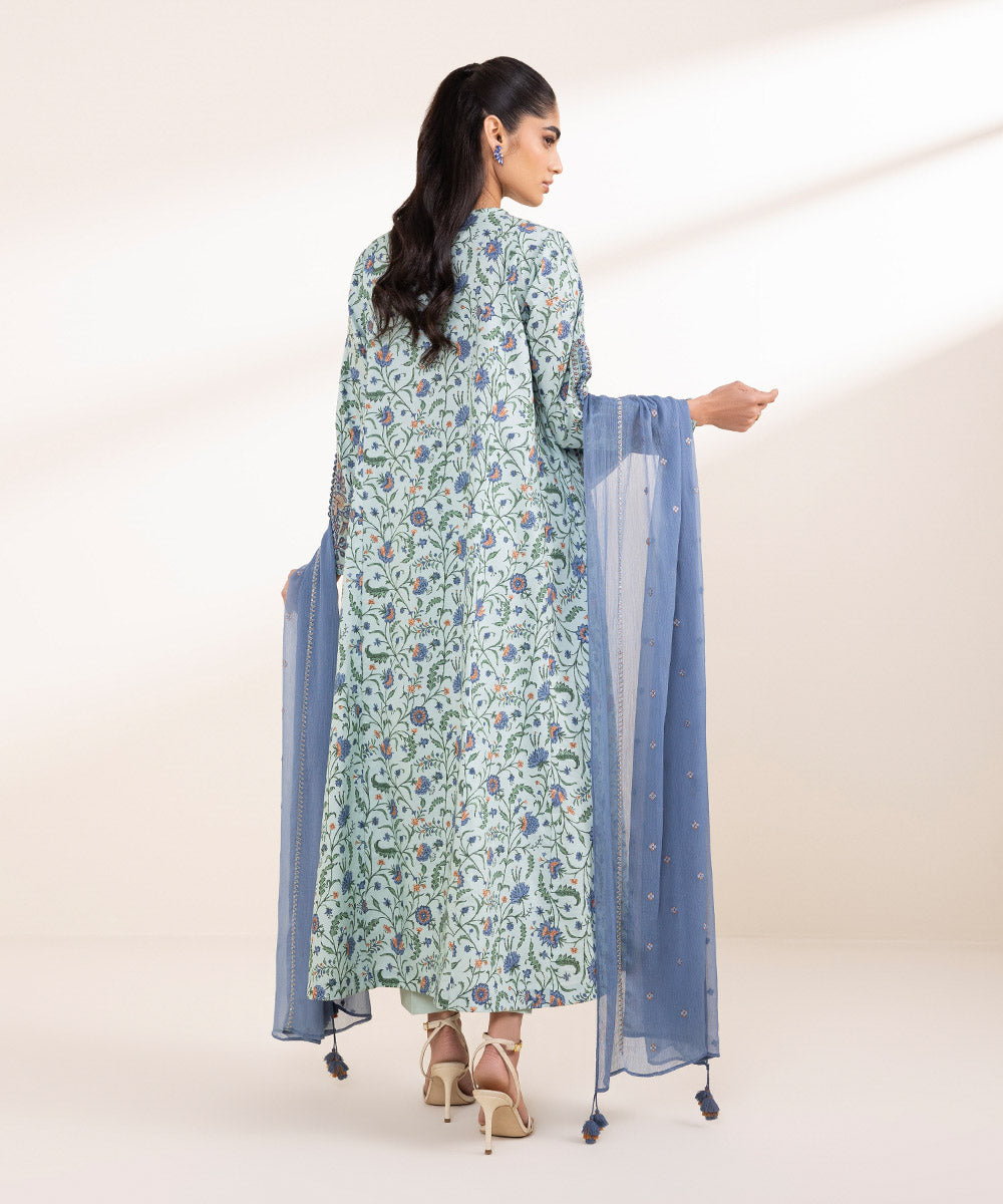 Unstitched Women's Embroidered Lawn Blue Three Piece Suit 