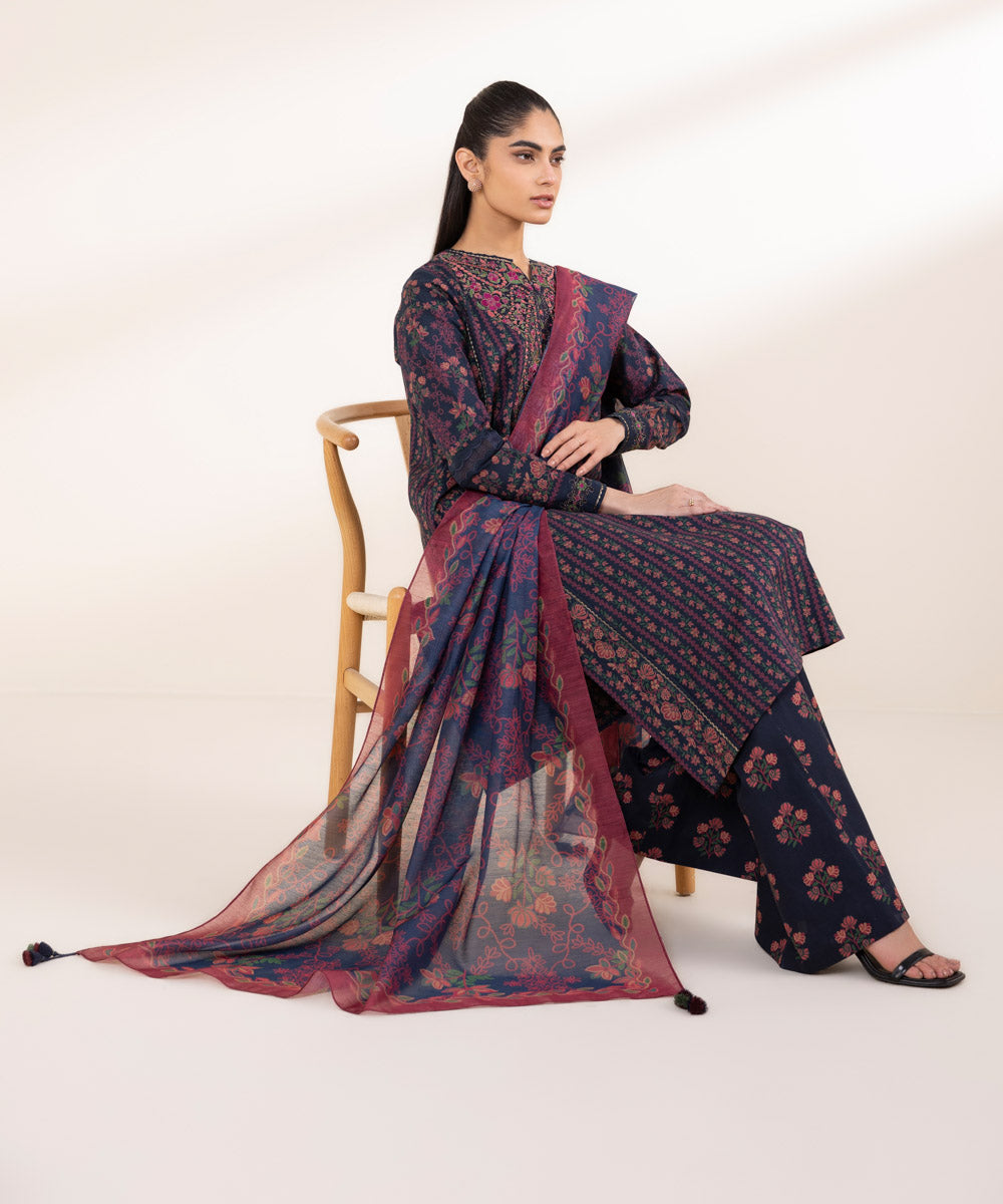 Unstitched Women's Embroidered Lawn Blue Three Piece Suit 