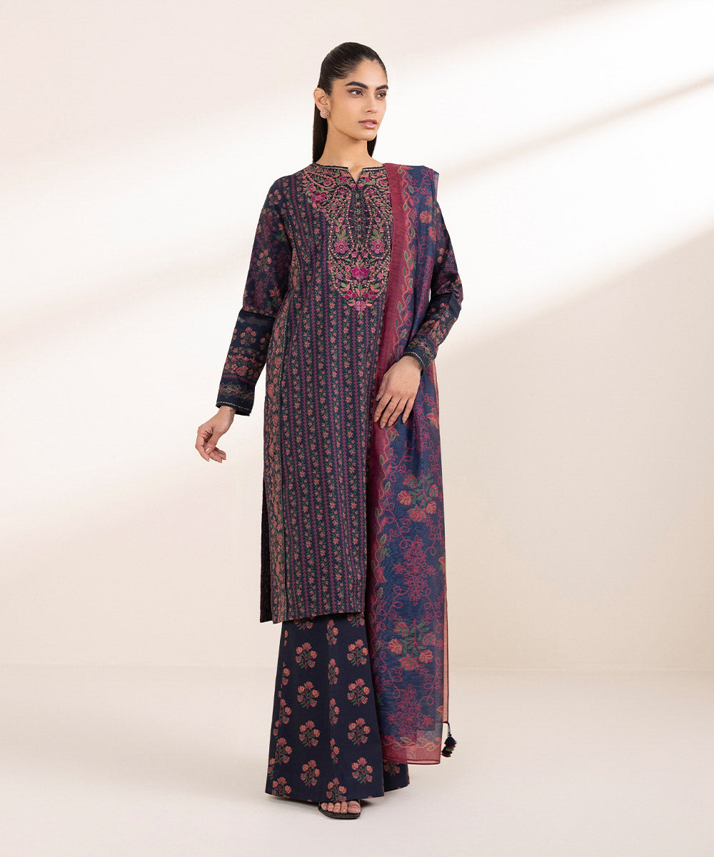 Unstitched Women's Embroidered Lawn Blue Three Piece Suit 