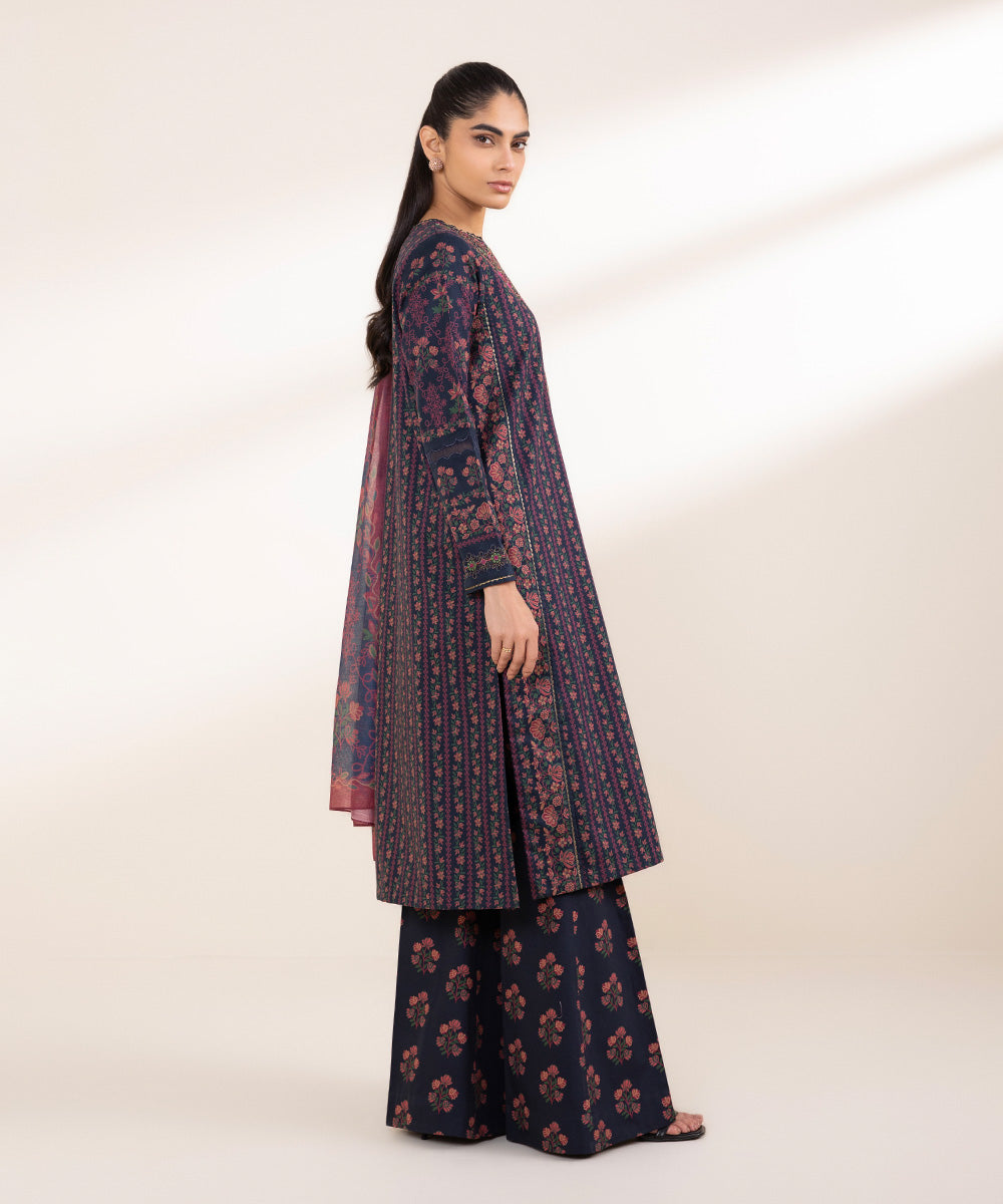 Unstitched Women's Embroidered Lawn Blue Three Piece Suit 