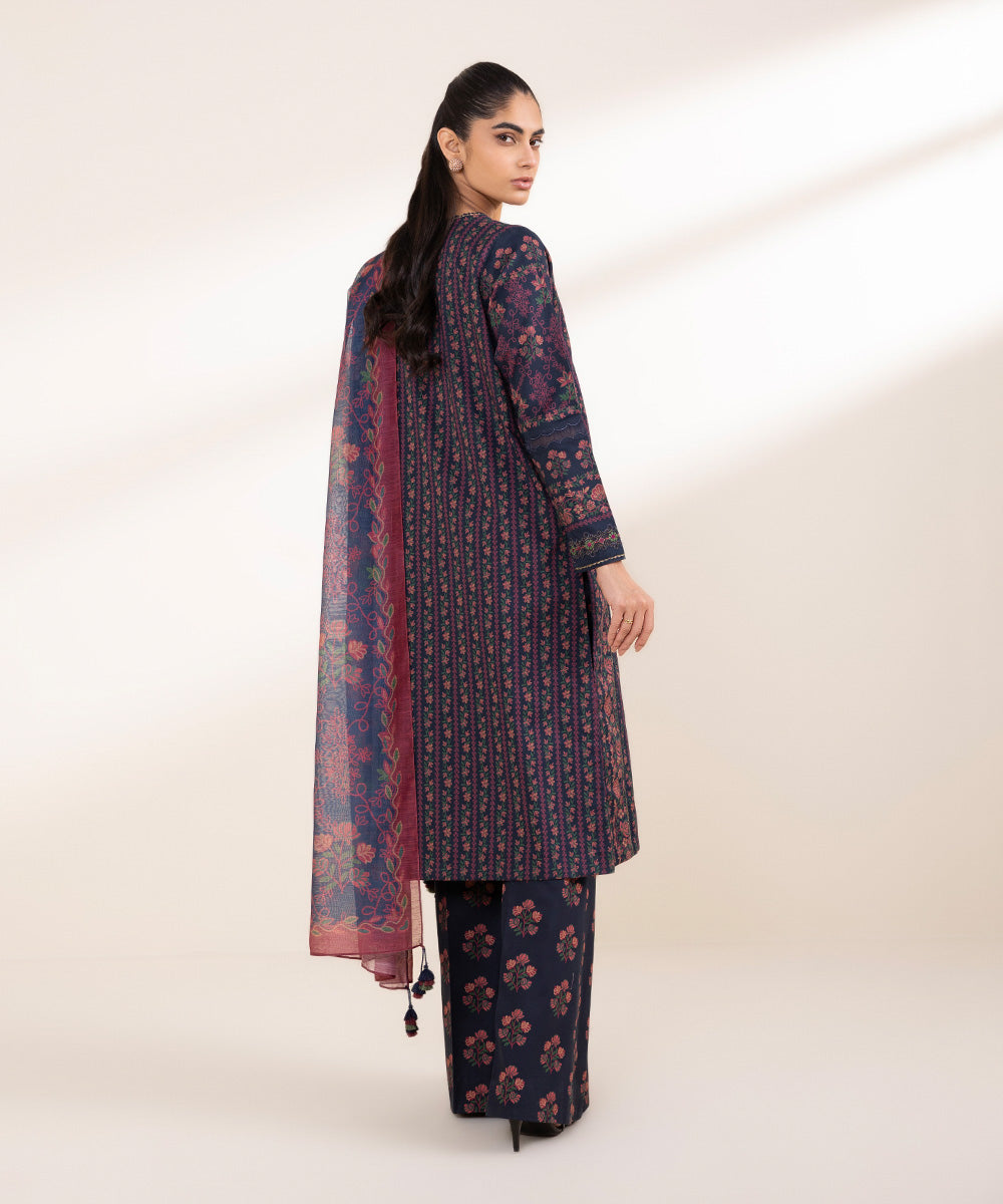 Unstitched Women's Embroidered Lawn Blue Three Piece Suit 