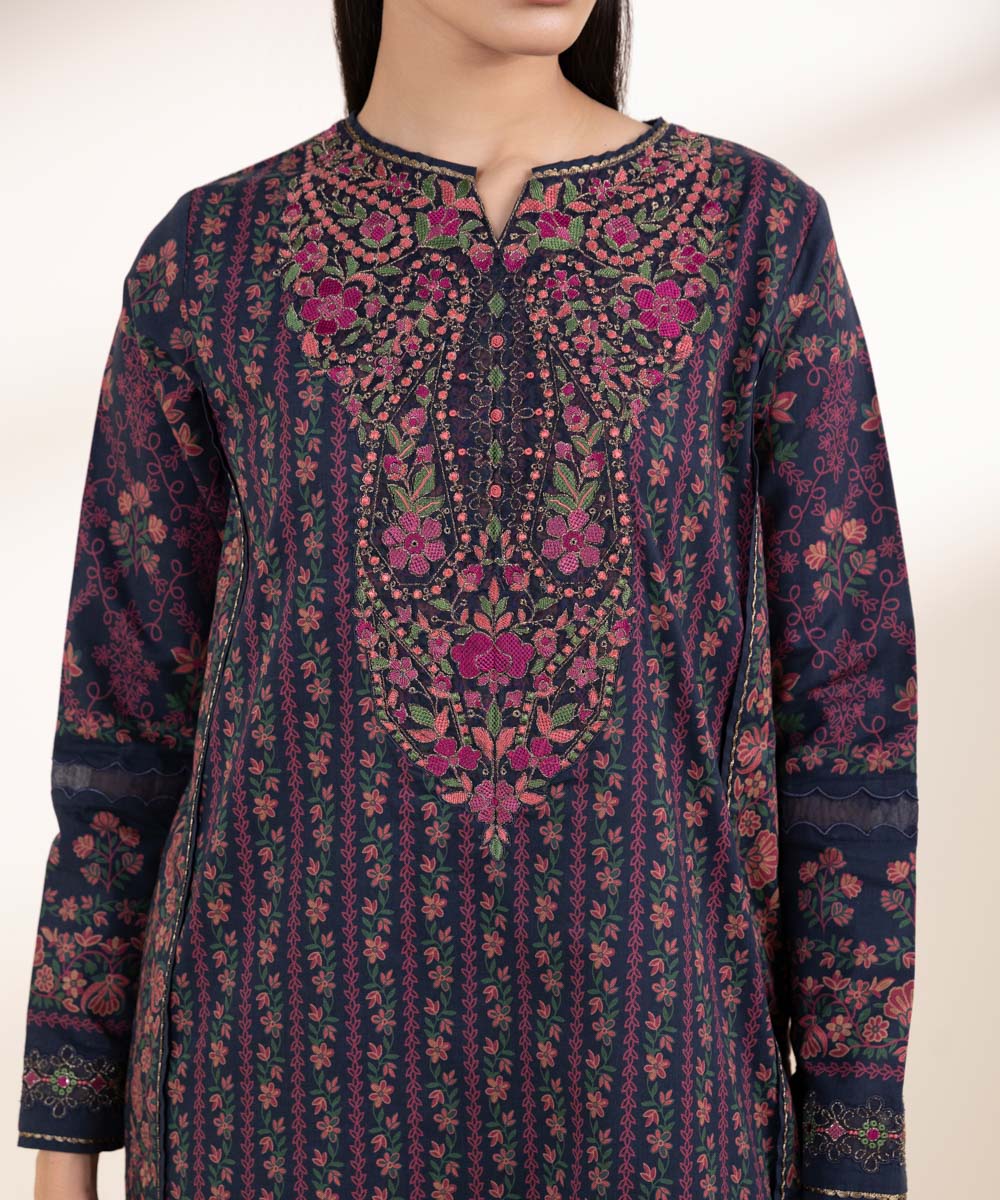 Unstitched Women's Embroidered Lawn Blue Three Piece Suit 