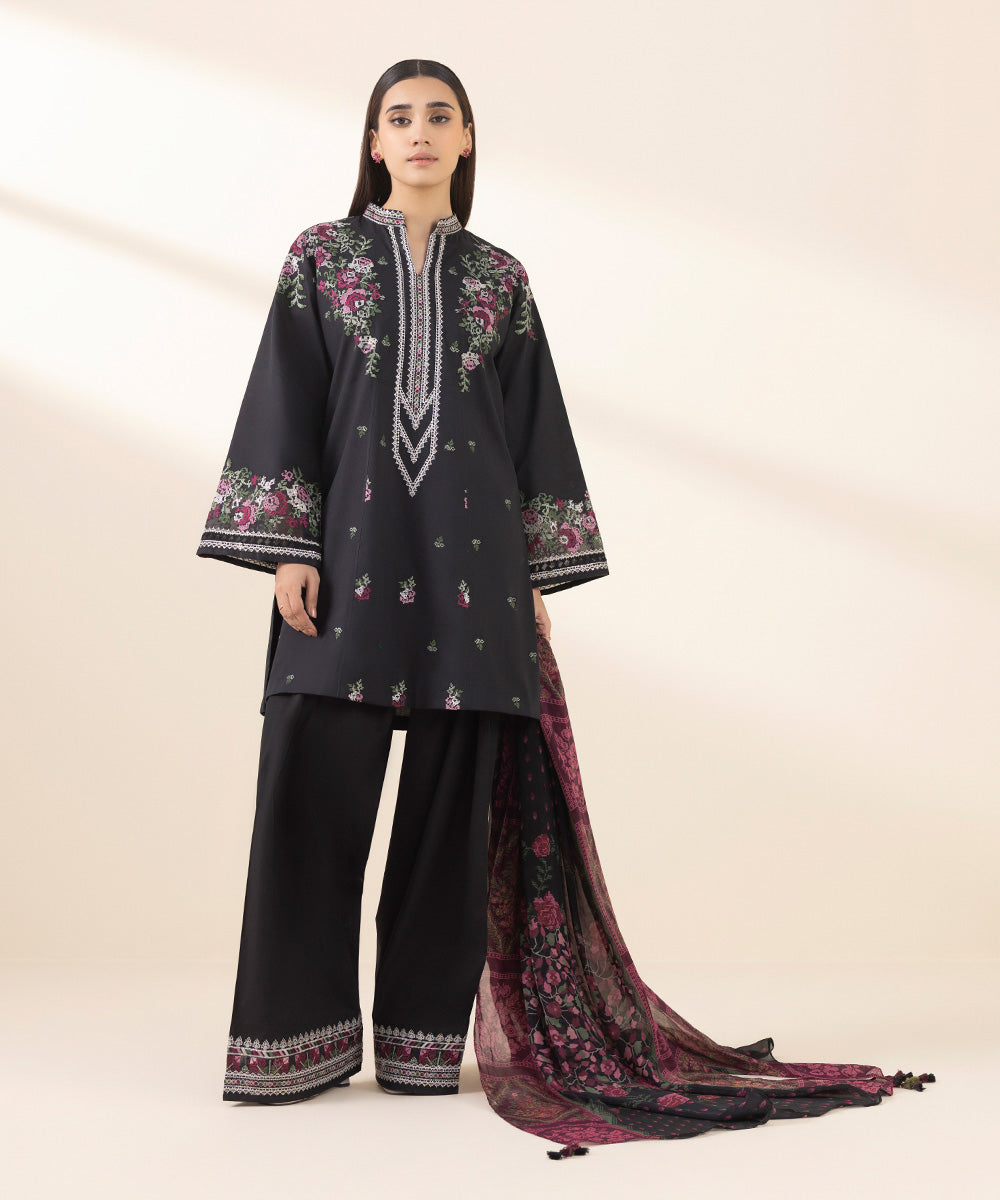 Unstitched Women's Embroidered Textured Lawn Black Three Piece Suit 