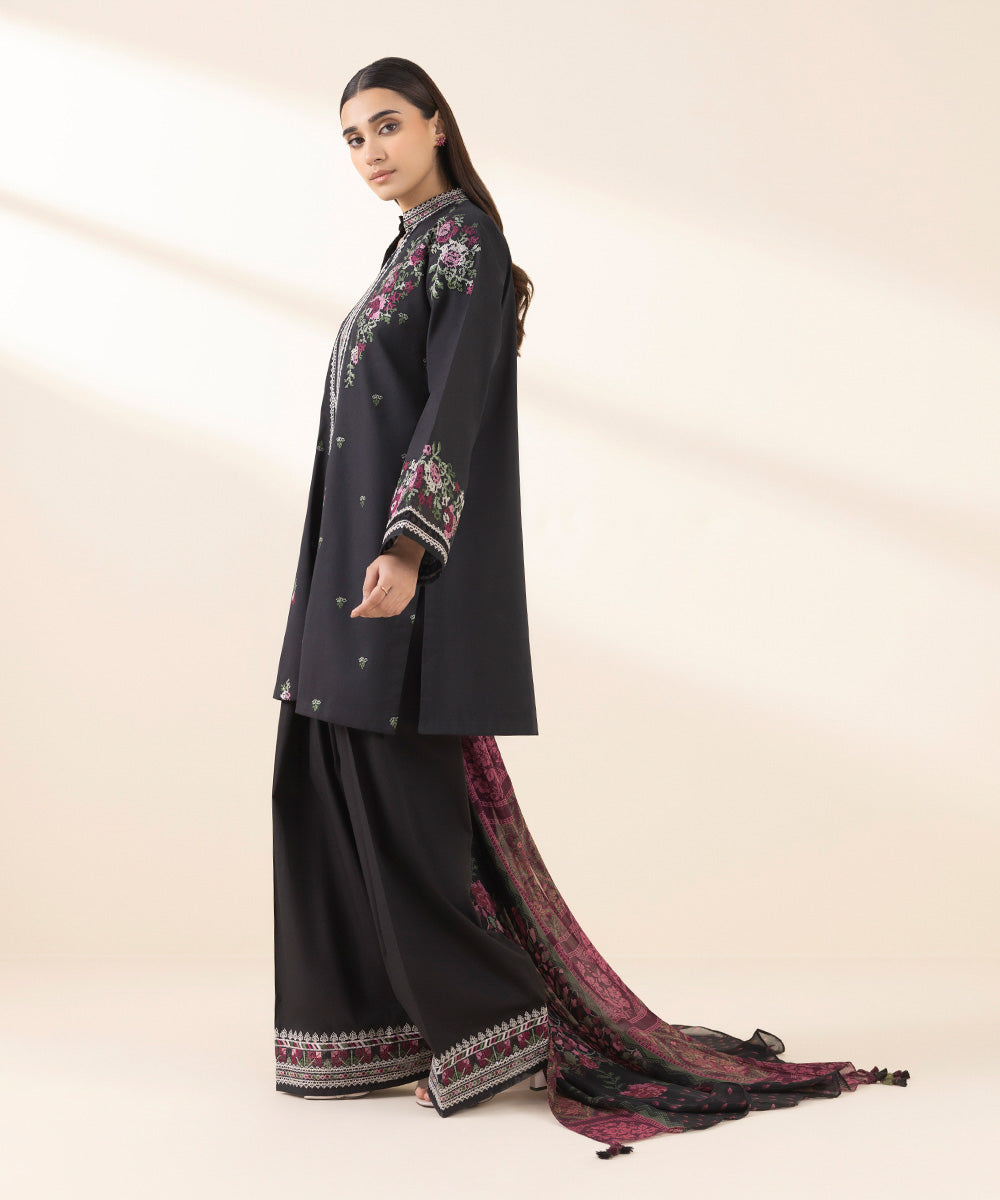 Unstitched Women's Embroidered Textured Lawn Black Three Piece Suit 