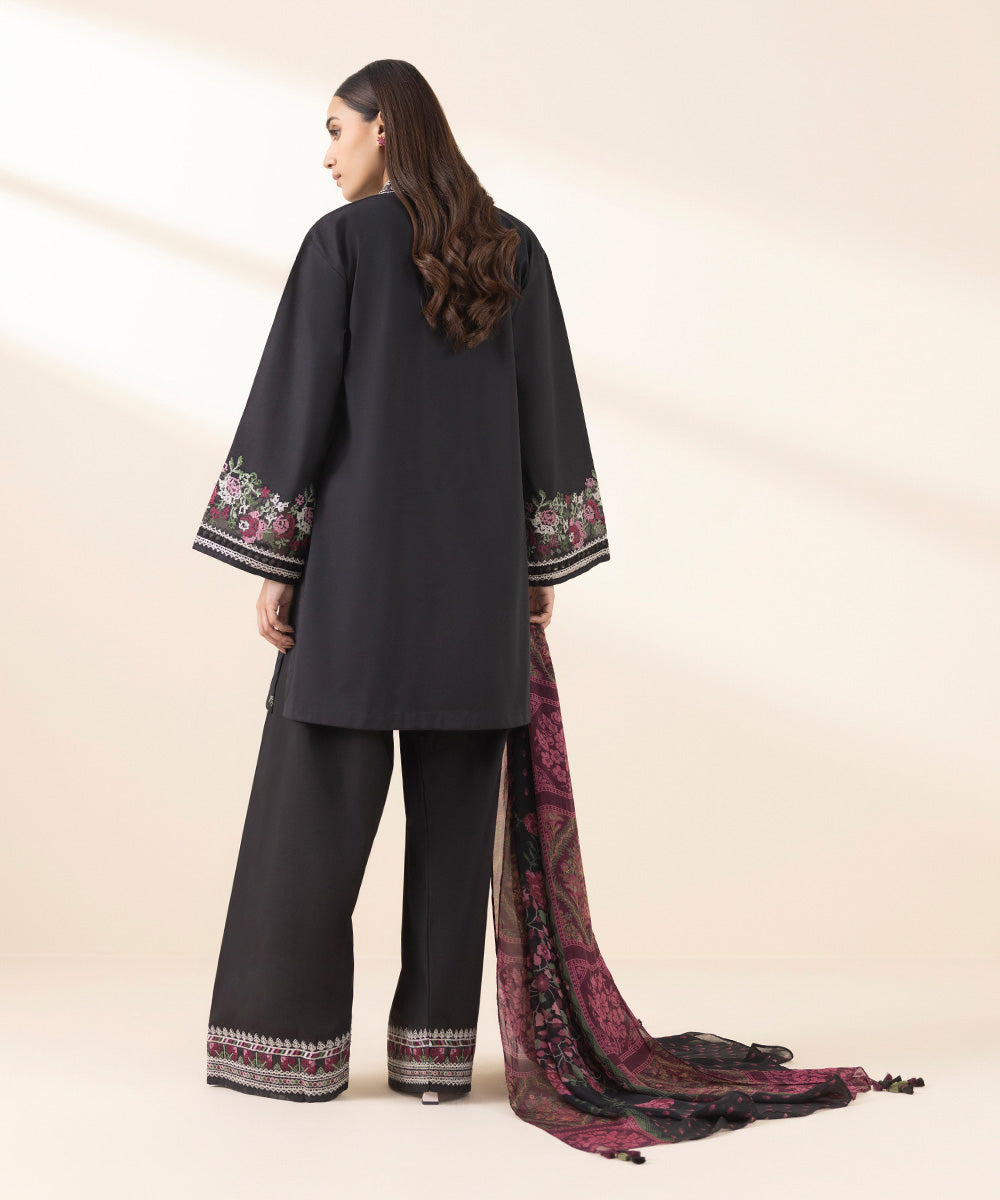 Unstitched Women's Embroidered Textured Lawn Black Three Piece Suit 