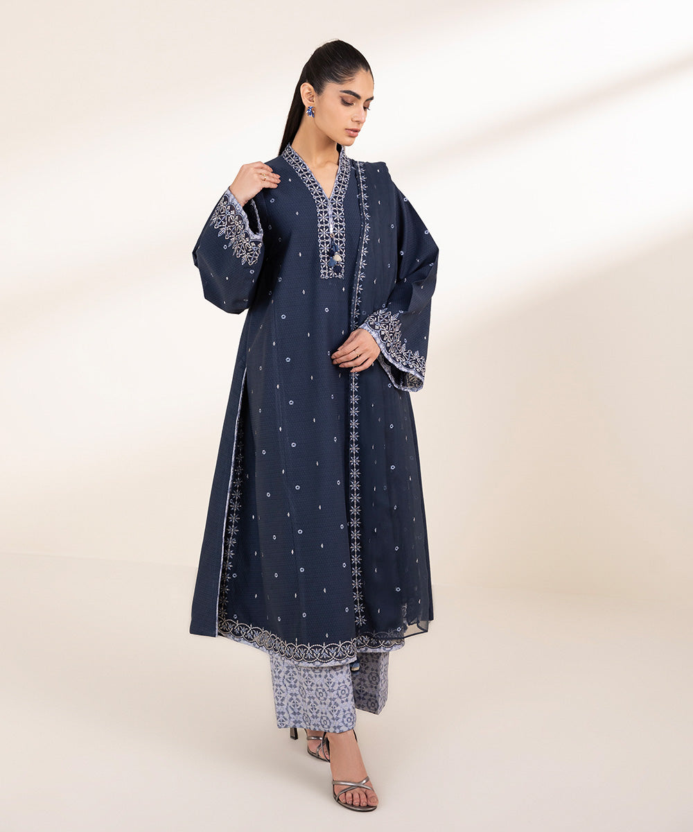 Unstitched Women's Embroidered Dobby Blue Three Piece Suit 