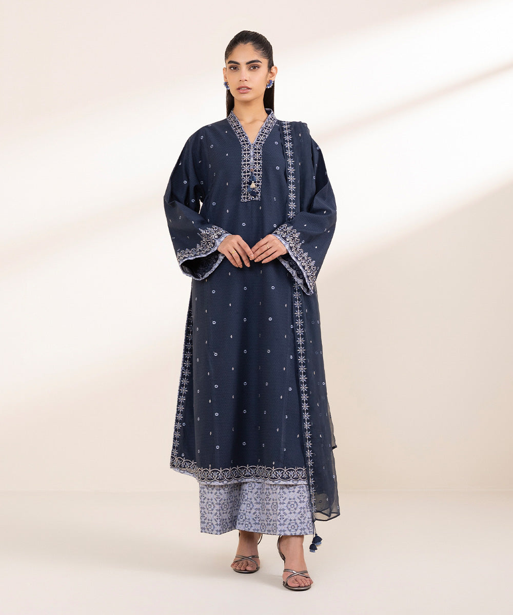 Unstitched Women's Embroidered Dobby Blue Three Piece Suit 