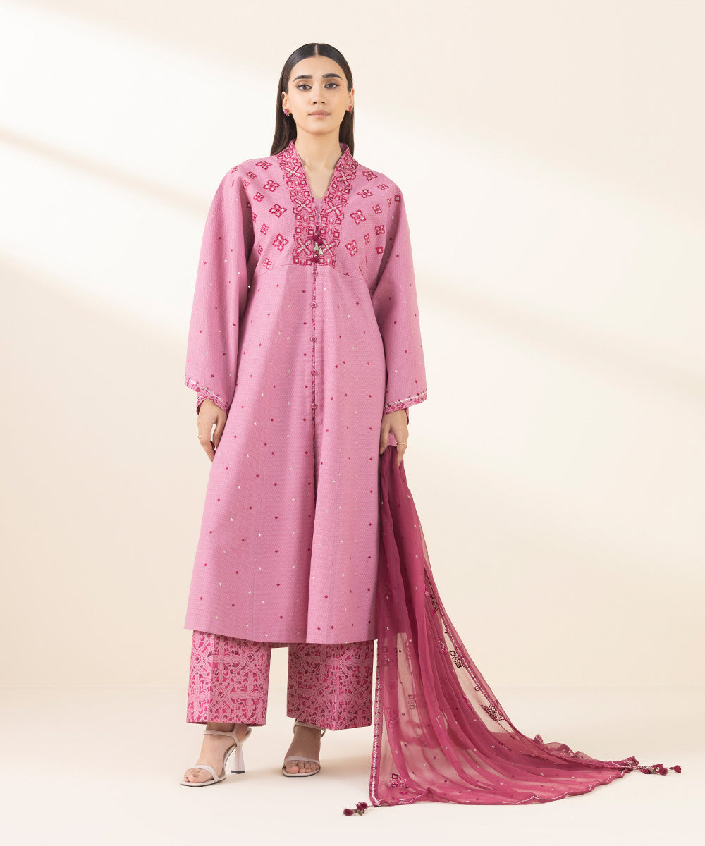 Unstitched Women's Embroidered Dobby Pink Three Piece Suit 