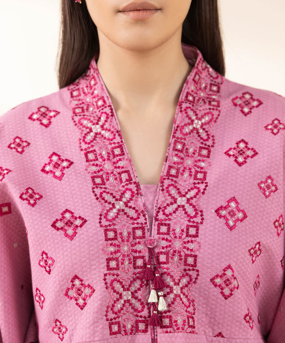 Unstitched Women's Embroidered Dobby Pink Three Piece Suit 