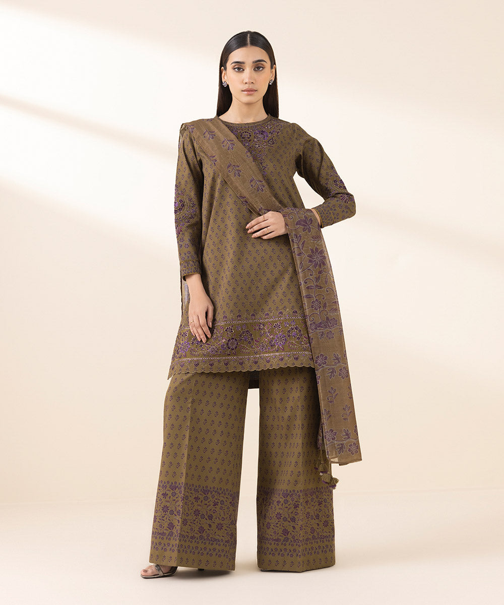 Unstitched Women's Embroidered Cotton Jacquard Brown Three Piece Suit 