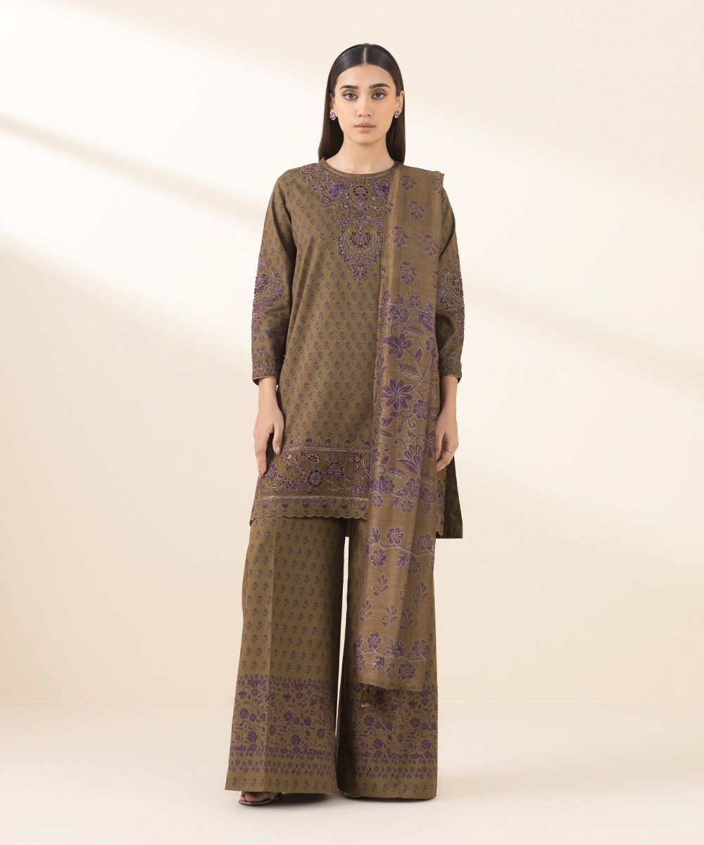 Unstitched Women's Embroidered Cotton Jacquard Brown Three Piece Suit 