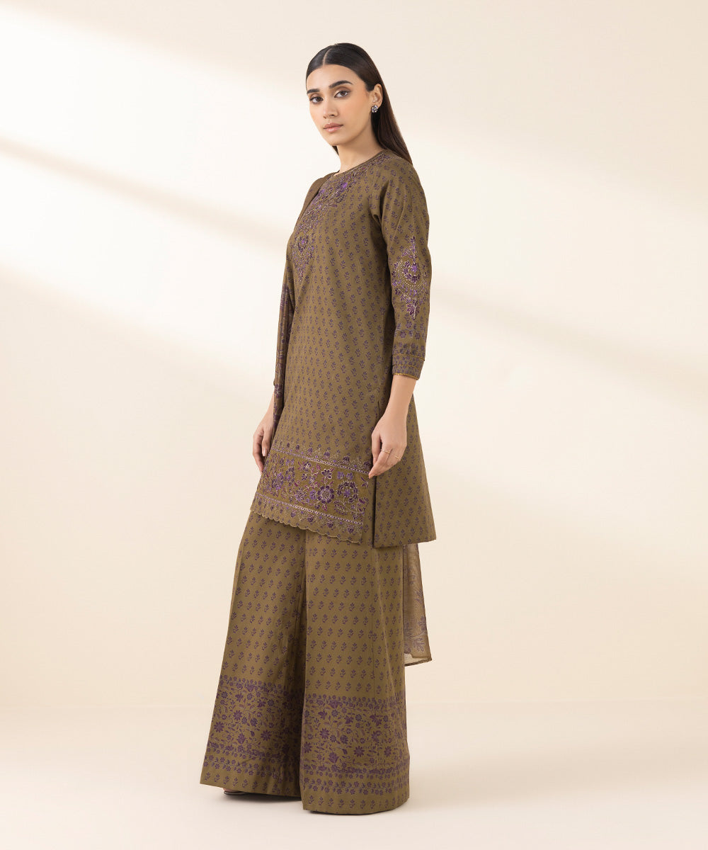 Unstitched Women's Embroidered Cotton Jacquard Brown Three Piece Suit 