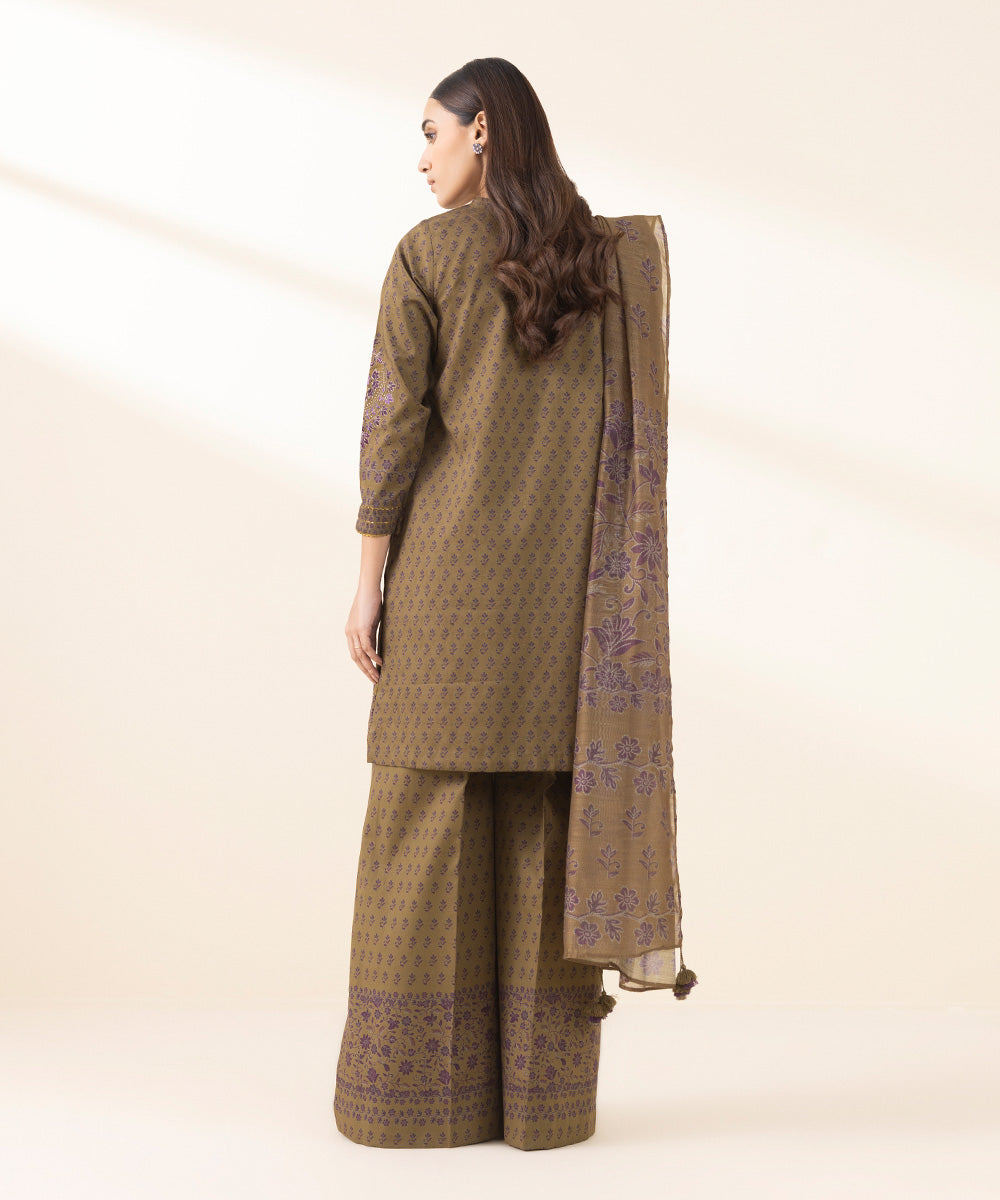 Unstitched Women's Embroidered Cotton Jacquard Brown Three Piece Suit 