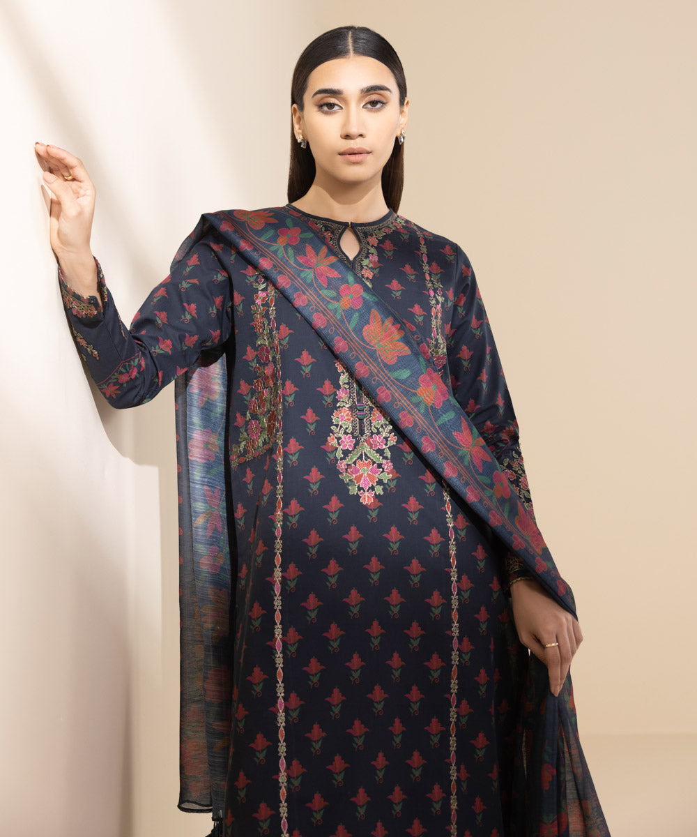 Unstitched Women's Embroidered Lawn Blue Three Piece Suit 