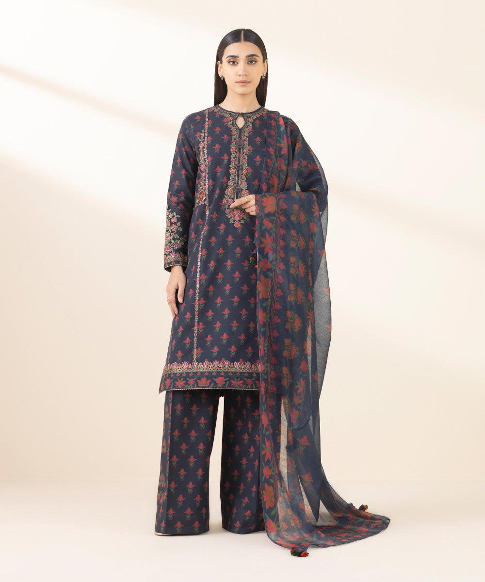 Unstitched Women's Embroidered Lawn Blue Three Piece Suit 