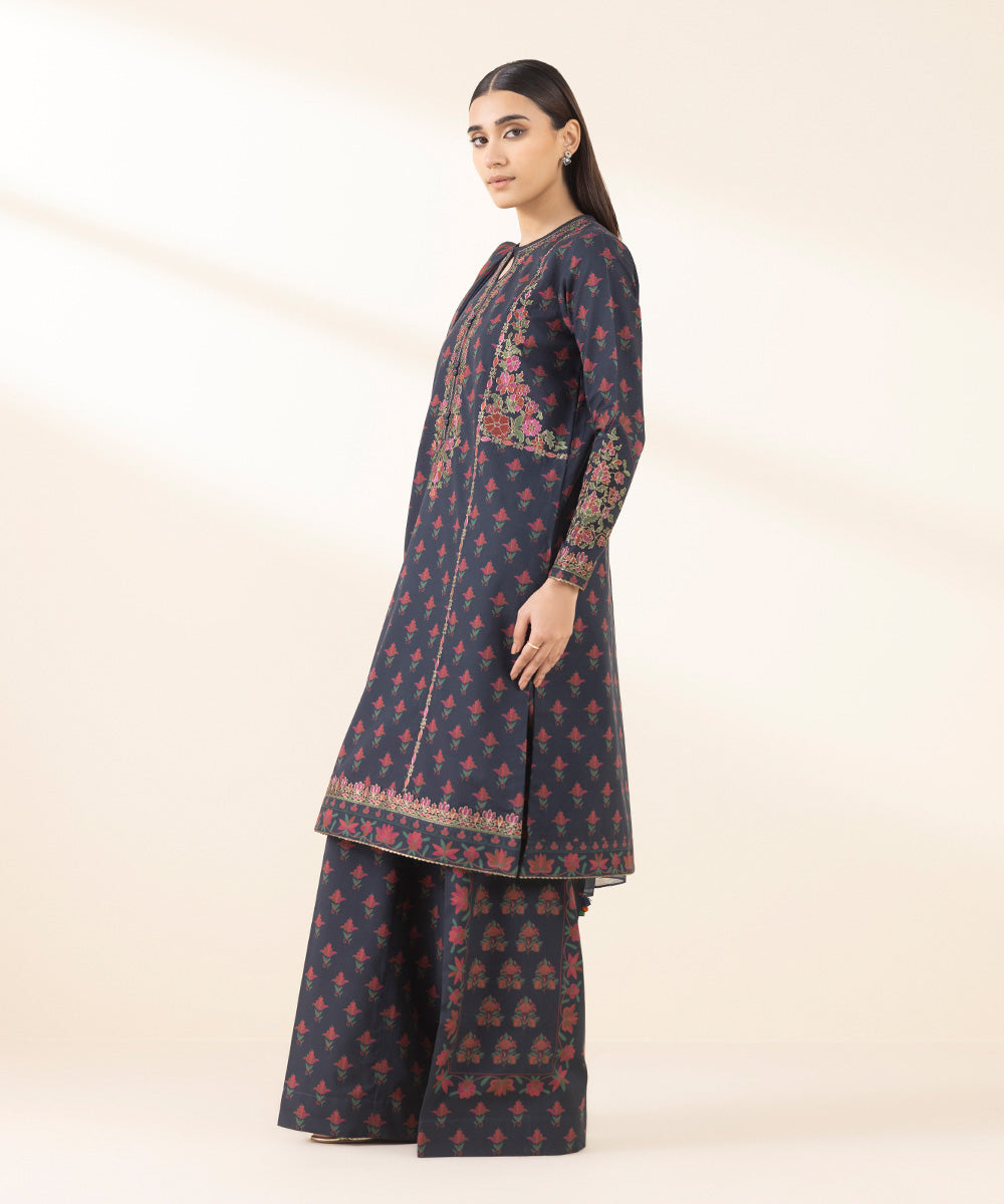 Unstitched Women's Embroidered Lawn Blue Three Piece Suit 